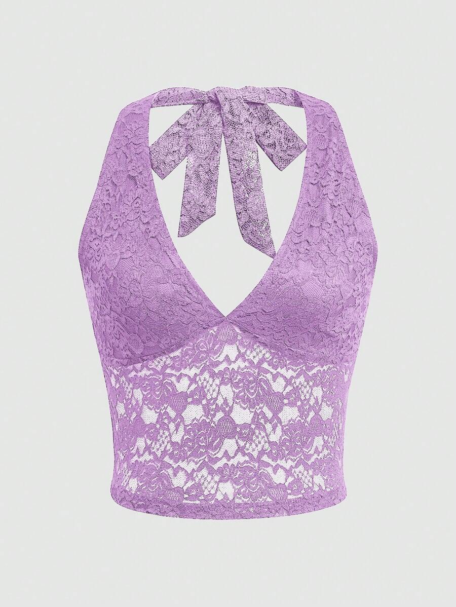 INAWLY Women's Elegant Solid Color Lace Backless Halter Top, Summer