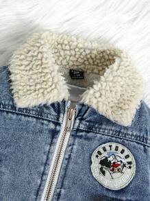 SHEIN Áo khoác denim lót nhiệt rộng rãi màu xanh nhạt mới giặt cho bé gái có miếng vá trang trí, thiết kế đơn giản để mặc hàng ngày - Rửa trung bình - Xem 3