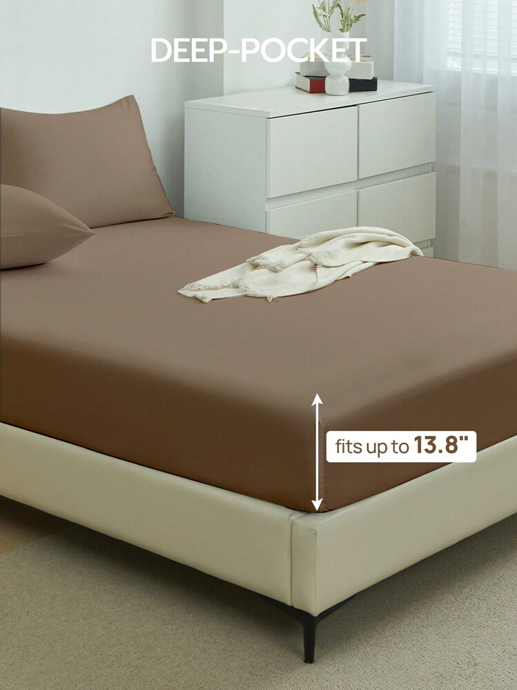 2/3pcs Solid Color Fitted Sheet, Mattress Protector, Mattress Cover, Deep Pocket Fitted Sheet, Soft & Breathable, Fits Twin, Full, Queen, King Size Beds - 14 Inch/35cm Deep Pocket, Machine Washable, Oeko-Tex Certified - Khaki - View 3