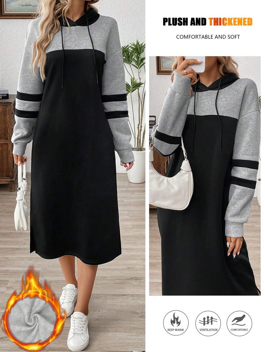 SHEIN LUNE 女式休闲拼色抽绳连帽长款厚款运动衫连衣裙，秋季 - 彩色 - 查看 1