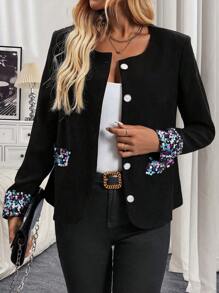 SHEIN LUNE Fashionable Tweed Splice Sequin Jacket, Spring Autumn