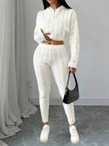 Chiquease 2pcs/Set Solid Color Cropped Hoodie & Pants Set For Women, Fall/Winter