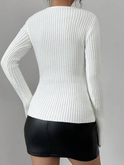 Elenzga Women's Casual Hollow-Out Crew Neck Fitted Sweater