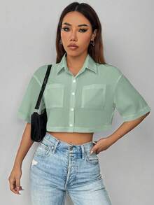 Chiquease 女式休闲纽扣短袖蝙蝠袖上衣，带口袋，夏季女式衬衫 - 綠色 - 查看 5
