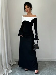 Elenzga 女式拼色露肩喇叭袖长款晚礼服 - 黑與白 - 查看 3