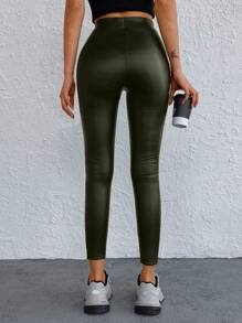 SHEIN Cottnline Women's Solid High Waist Seam Front Crop Leggings - Dark Green - View 2