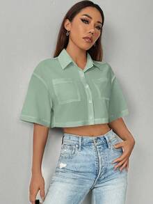 Chiquease 女式休闲纽扣短袖蝙蝠袖上衣，带口袋，夏季女式衬衫 - 綠色 - 查看 3