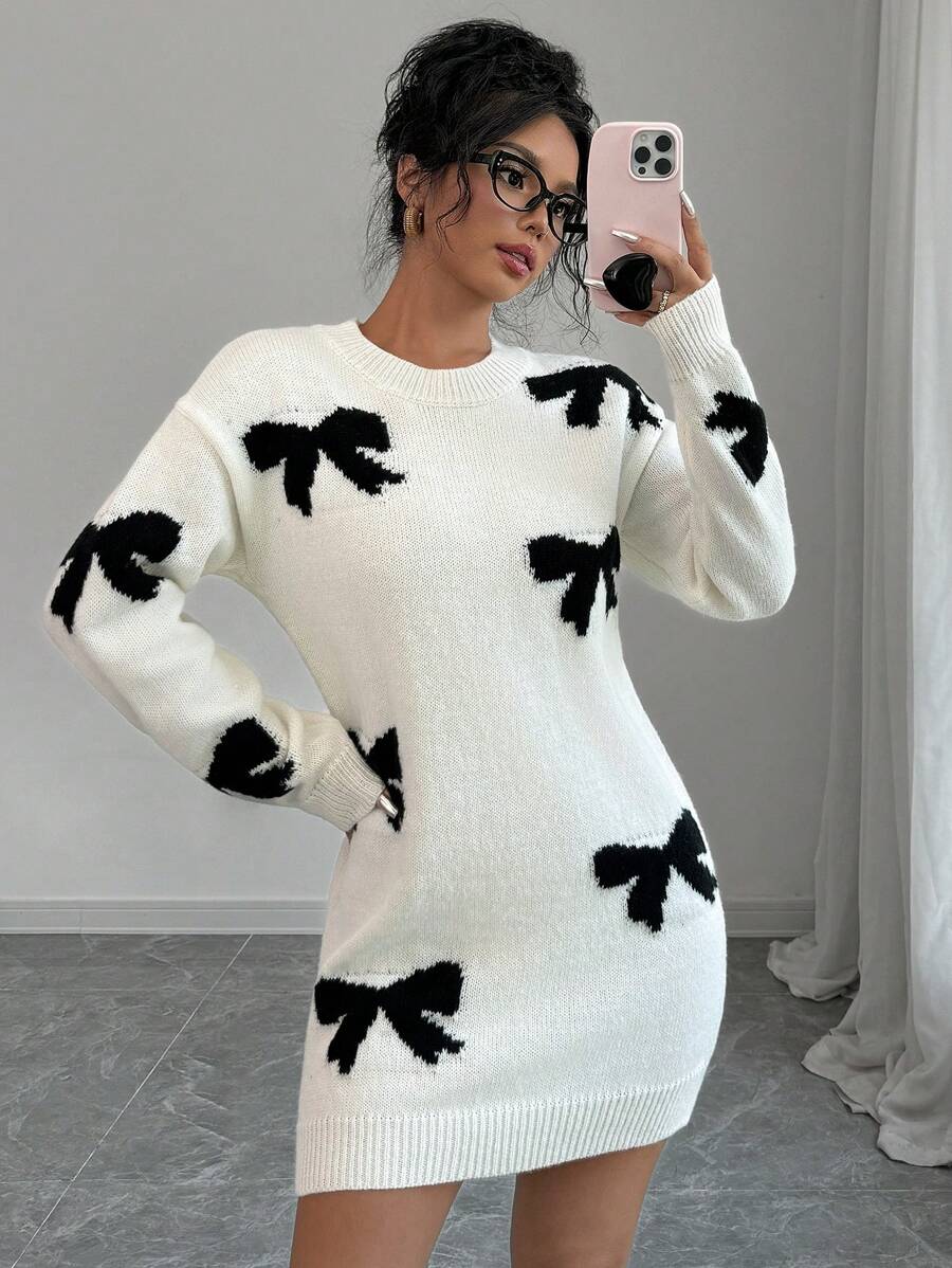 Selianne Women's Casual Bowknot Short Sweater Dress For Autumn And Winter Fall Cloth For Women - Black and White - View 1