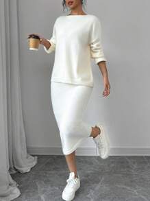 Chiquease 2pcs Women's Casual Solid Color Crew Neck Oversized Sweater And Sweater Skirt Set, Autumn Winter Fall Cloth For Women - Beige - View 3