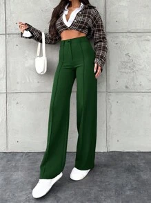 EURMUSE Women's Solid Color Front Button Casual Suit Pants, Daily Wear - Dark Green - View 3