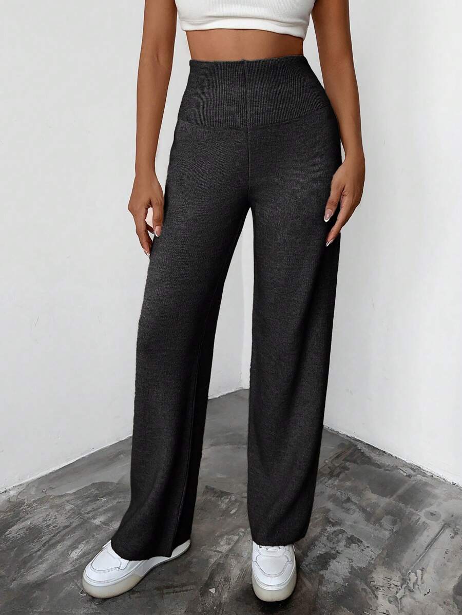 EURMUSE Women's Casual Solid Color High Waist Straight Leg Knit Pants - Dark Grey - View 1