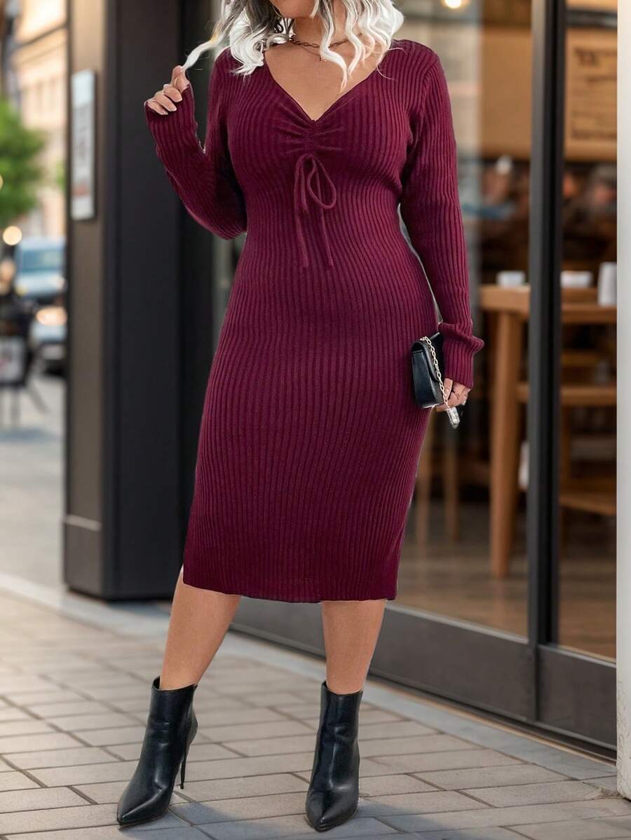 SHEIN Clasi 大码女式纯色 V 领抽绳褶皱侧开衩修身超长长袖毛衣裙，优雅浪漫，酒红色，秋冬，冬季 - 酒紅色 - 查看 1