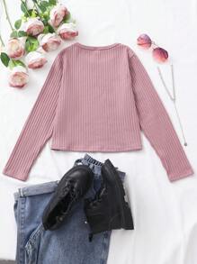 女孩蝴蝶印花罗纹圆领 T 恤 - 粉色 - 查看 2