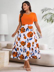 SHEIN Clasi Vestido informal de manga corta con estampado de flores patchwork para mujer de talla grande