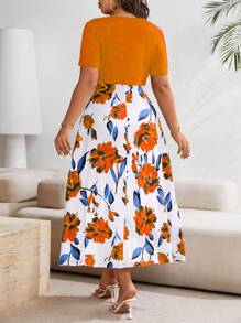 SHEIN Clasi Vestido informal de manga corta con estampado de flores patchwork para mujer de talla grande
