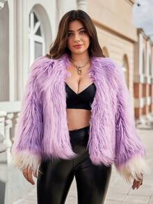 Astrid Plus Size Autumn/Winter Fashion Colorblock Patchwork Plush Jacket - Purple - View 7