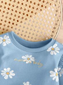 Cozy Pixies Baby Girl Floral Print Round Neck Ruffle Trim Raglan Sleeve Pullover Sweatshirt - Blue - View 3