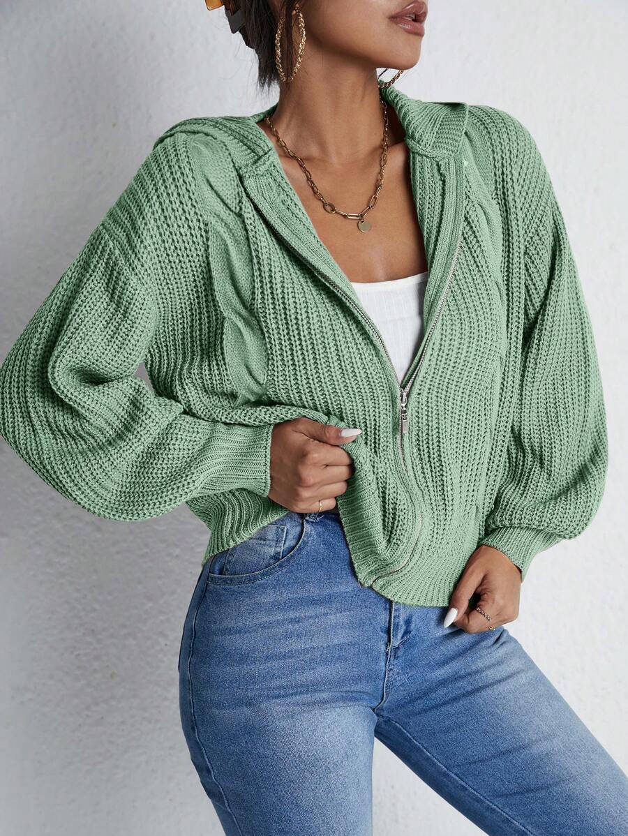 Cloudara Drop Shoulder Zip Up Hooded Cardigan - Green - View 1