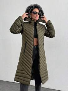 SHEIN Cottnline Fur And Zipper Added Padded Long Padded Winter Coat - Khaki - View 5
