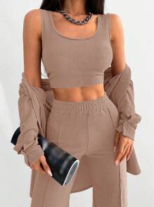 EURMUSE 1pc Solid Button Front Shirt & 1pc Wide Leg Pants - Apricot - View 3