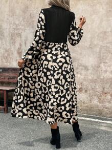 SHEIN LUNE 女款秋季蓬松罗纹拼布豹纹连衣裙 - 黑色 - 查看 4