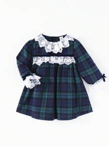 SHEIN 女婴优雅宫廷风蕾丝领格子柔软羊毛连衣裙，适合外出、圣诞节、生日、1 岁生日礼物 - 墨綠色 - 查看 1