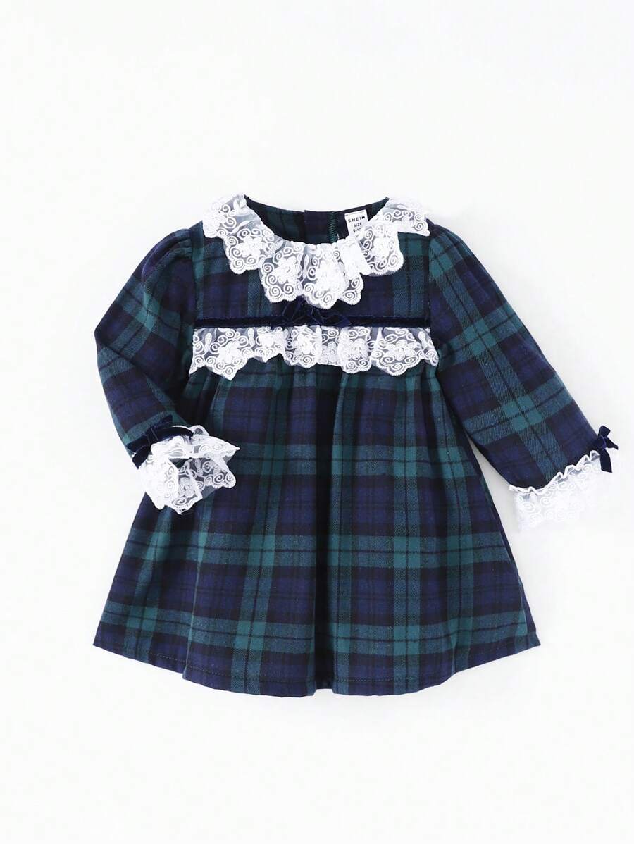 SHEIN 女婴优雅宫廷风蕾丝领格子柔软羊毛连衣裙，适合外出、圣诞节、生日、1 岁生日礼物 - 墨綠色 - 查看 1