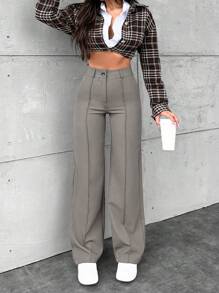 EURMUSE 女士纯色拉链门襟直腿西装裤 - 淺灰色 - 查看 1