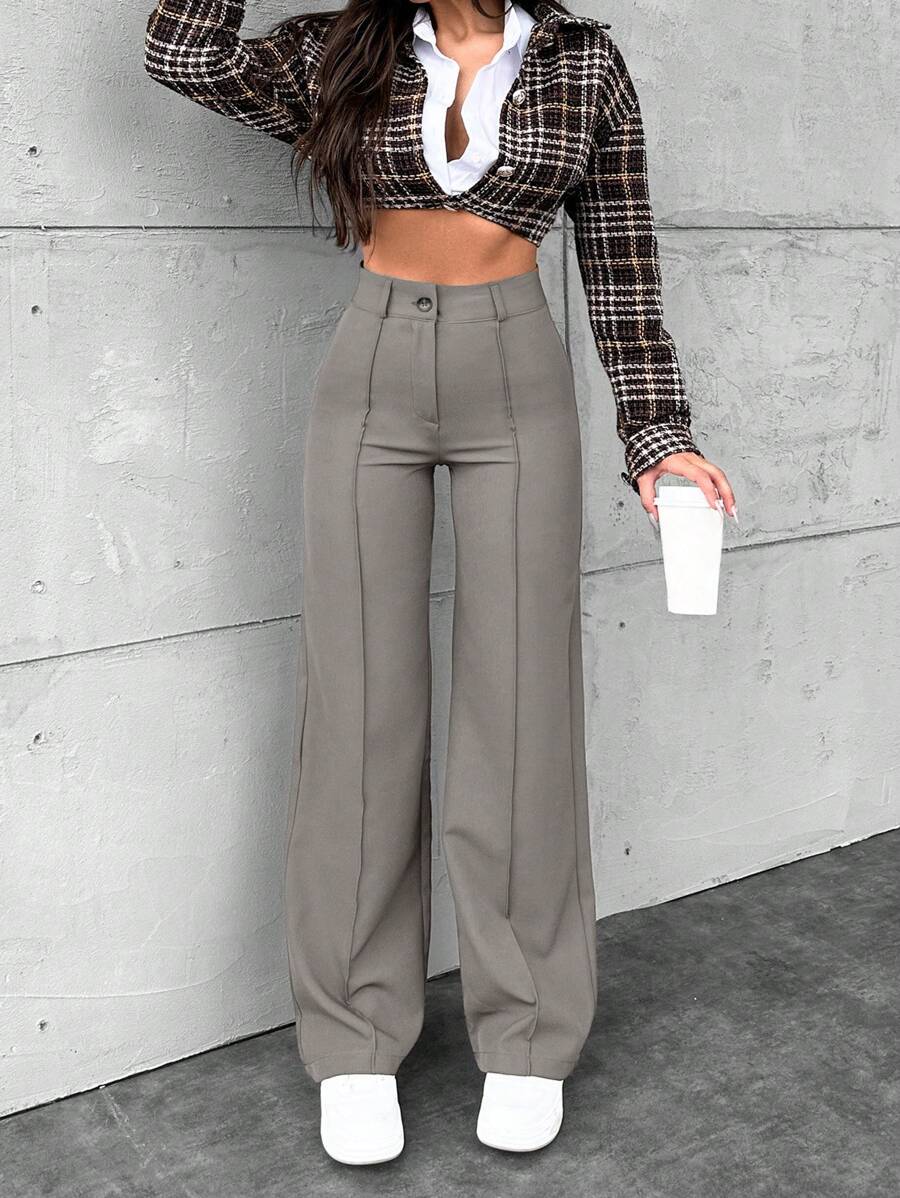 EURMUSE 女士纯色拉链门襟直腿西装裤 - 淺灰色 - 查看 1