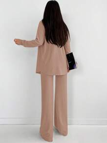 EURMUSE 1pc Solid Button Front Shirt & 1pc Wide Leg Pants - Apricot - View 2