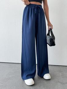 EURMUSE Petite Women's Solid Color Long Waist Drawstring Pants - Navy Blue - View 3
