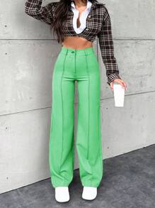 RueChic Pantalones de traje de cintura alta de un solo color casual para uso diario, otoño - Verde Oliva - Ver 1