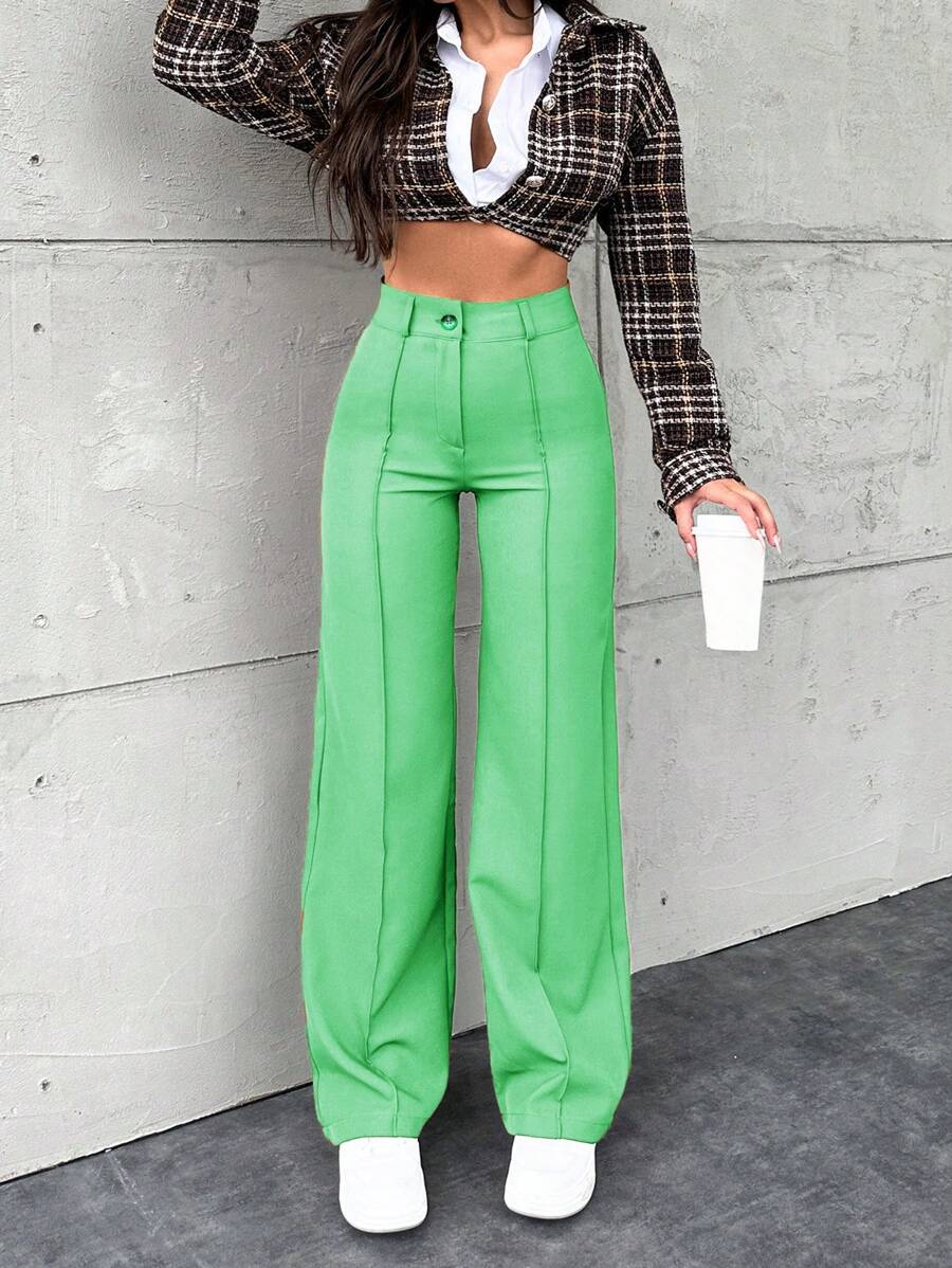 RueChic Pantalones de traje de cintura alta de un solo color casual para uso diario, otoño - Verde Oliva - Ver 1
