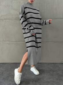 EURMUSE Robe pull avec col montant, rayures, épaules tombantes et fente à l'ourlet, style casual pour femmes, automne/hiver - Gris - Voir 3