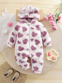 SHEIN 新生女婴可爱毛茸茸心形图案连帽连体衣，秋冬 - 紫色 - 查看 1