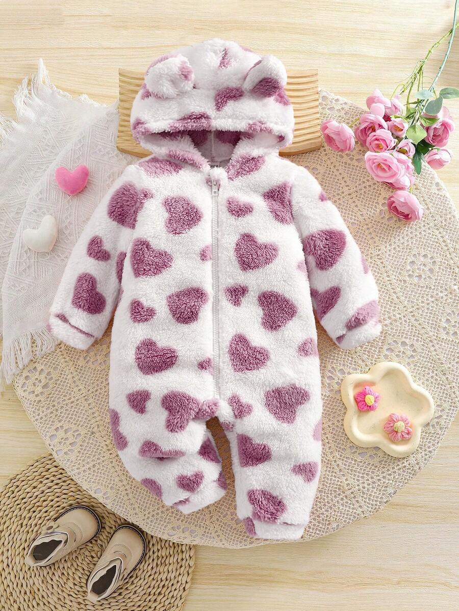SHEIN 新生女婴可爱毛茸茸心形图案连帽连体衣,秋冬 - 紫色 - 查看 1