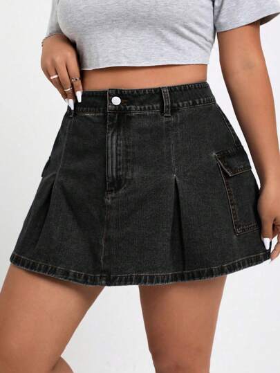 SHEIN ICON Váy mini xếp ly denim tiện dụng cho nữ cỡ lớn