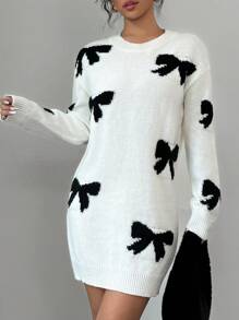Selianne Women's Casual Bowknot Short Sweater Dress For Autumn And Winter Fall Cloth For Women - Black and White - View 5