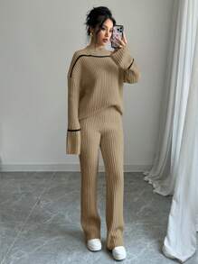Elenzga 2pcs Set Casual Ribbed Knit Dropped Shoulder Loose Sweater And Pants For Autumn/Winter - Apricot - View 4