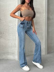 RueChic Mid Waist Pocket Detailed Flare Jean - Medium Wash - View 7