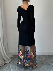 Elenzga Women's Floral Applique Mesh Panel Long Sleeve Dress - Black - View 2