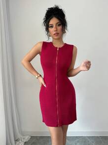 Chiquease Women's Solid Color Front Zipper Sleeveless Casual Sweater Dress - Burgundy - View 5
