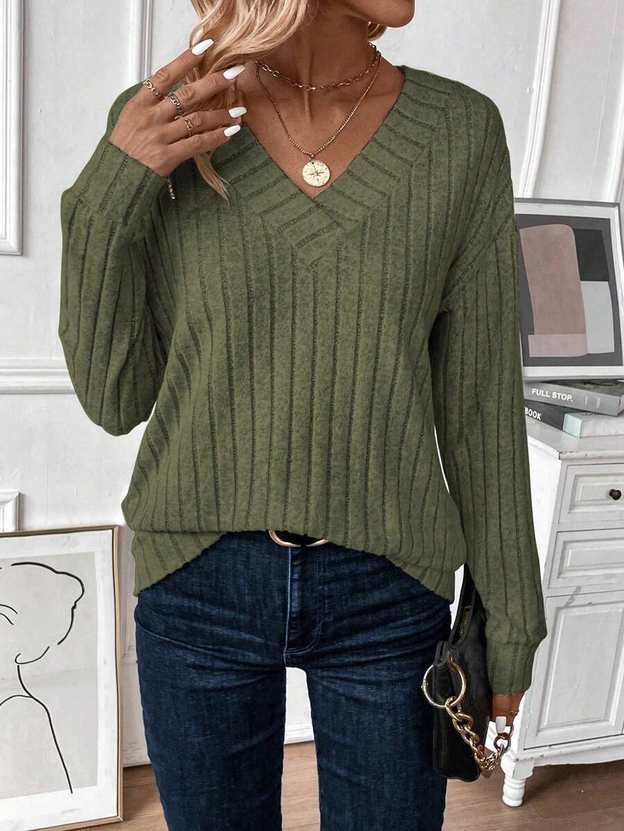 EMERY ROSE Women's Solid Color V-Neck Drop Shoulder Long Sleeve Ribbed Casual Sweatshirt, Autumn Pullover Fall - Army Green - View 1