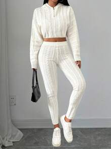 Chiquease 2pcs/Set Solid Color Cropped Hoodie & Pants Set For Women, Fall/Winter