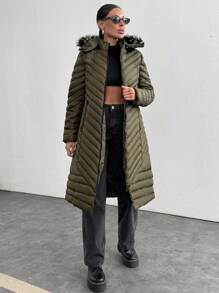SHEIN Cottnline Fur And Zipper Added Padded Long Padded Winter Coat - Khaki - View 1