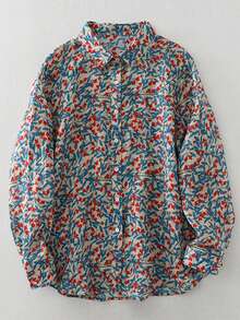 New French Artistic Blue Leaf & Ditsy Floral Shirt, Versatile Blouse Layering Top