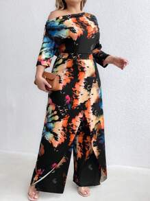 SHEIN LUNE Plus Size Women Color Block Cold Shoulder Jumpsuit