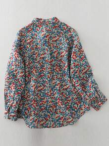 New French Artistic Blue Leaf & Ditsy Floral Shirt, Versatile Blouse Layering Top