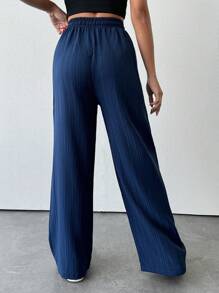 EURMUSE Petite Women's Solid Color Long Waist Drawstring Pants - Navy Blue - View 2