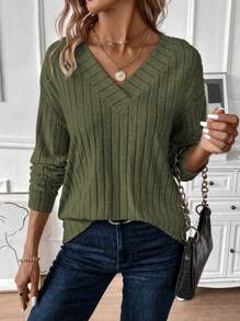 EMERY ROSE Women's Solid Color V-Neck Drop Shoulder Long Sleeve Ribbed Casual Sweatshirt, Autumn Pullover Fall - Army Green - View 4